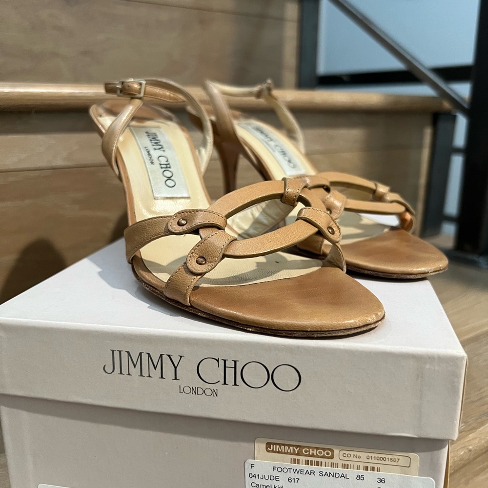 Jimmy Choo Slingback Sandals Beige Leather Ladies US6 Heel 7.5cm made in Italy